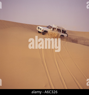 Lokale arabische Tourismus Gesellschaft nimmt Besucher mit auf Wüste Fahrt über Dünen der Wüste Sand von Rädern Abu Dhabi Vereinigte Arabische Emirate im Nahen Osten fliegen Stockfoto