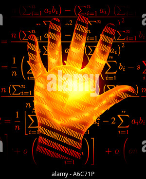 computergenerierte männliche Hand mit Binär-Code auf Palm und mathematische Symbole im Hintergrund projiziert Stockfoto