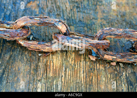 Sehr stark korrodierte Metall-Kette eine große Holzbalken, die früher als Pier Unterstützung fest umwickelt Stockfoto