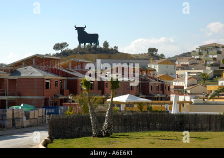 Jerez Osborne Stier über eine neue Gebäude-Siedlung, Benidorm, Costa Blanca, Spanien Stockfoto