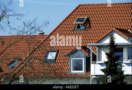 Frau Fensterputzen von einer Wohnung, Leichlingen, North Rhine-Westphalia, Germany. Stockfoto