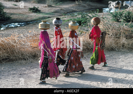 Frauen gehen zu einem entfernten Brunnen mit Wassertöpfen auf ihren Köpfen. Rajasthan, Indien Stockfoto