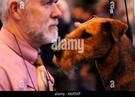 Ein Airedale Terrier und Besitzer an der Crufts 2007 UK Stockfoto
