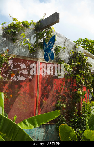 BELIZE Ambergris Caye Butterfly Jungle Schild außen Buidling Netz Seiten Stockfoto