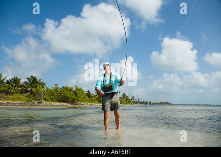 BELIZE Ambergris Caye erwachsenen männlichen Fliegenfischen in Wohnungen entlang der Küstenlinie auf Bonefish waten Stiefel Fliegenrute und Ausrüstung Stockfoto