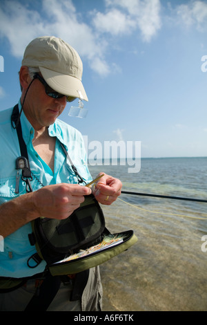BELIZE Ambergris Caye erwachsenen männlichen Fliegenfischen in Wohnungen entlang der Küstenlinie auf Bonefish ändern Fliege auf Linie Stockfoto