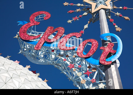 Raumschiff Erde und EPCOT unterzeichnen, EPCOT Center, Disney World, Orlando, Florida, USA Stockfoto