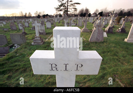 Grab, ein weißes Kreuz auf dem Friedhof zeigt die Buchstaben R I P Stockfoto