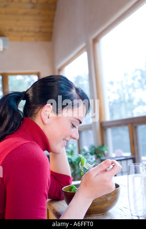 junge Frau zu Hause essen gesunden grünen Salat Stockfoto