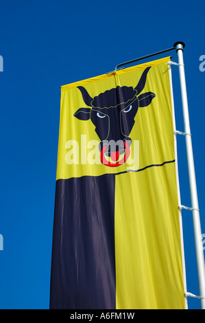 Banner des Schweizer Kantons Uri vor einem strahlend blauen Himmel Stockfoto