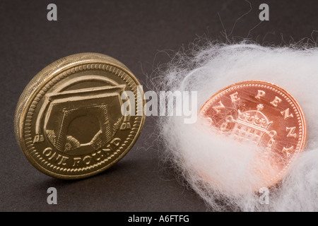 Einen Pfennig Kupfermünze in Großaufnahme auf Watte neben einzelnen Pfund-Münze Stockfoto