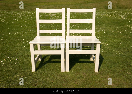 zwei weiße Holzstühle auf einer Wiese voller Gänseblümchen Stockfoto