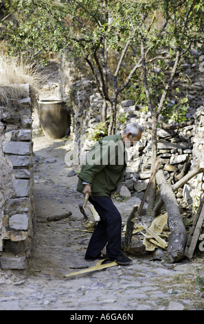CHINA Chuandixia ältere chinesische Bauern Hacken von Brennholz an einem frostigen Wintermorgen Stockfoto
