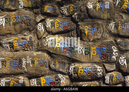 Pilger-Steinen mit der alt-Tebetian Worte eingraviert: OM MANI PADME HUM, Nepal Stockfoto