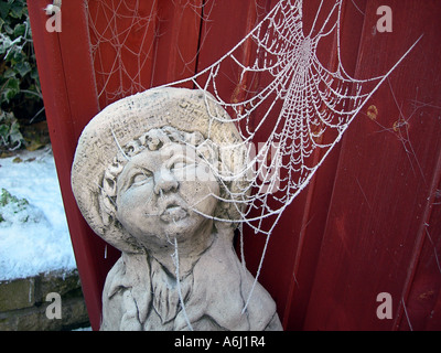 Orb Spider Web in Frost auf einer Gartenstatue abgedeckt. Stockfoto