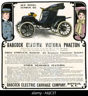 Früh Elektroauto ad für die Babcock elektrische Victoria Phaeton 1907. Hand - farbige Holzschnitt Stockfoto
