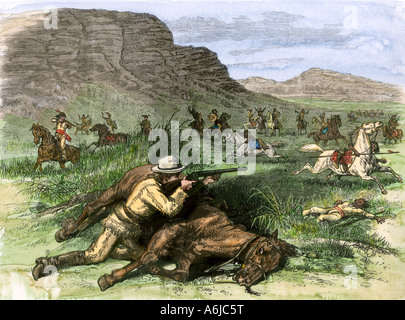 Scout für General Custer von feindlichen Arapahoes in den Black Hills 1874 umgeben. Hand - farbige Holzschnitt Stockfoto