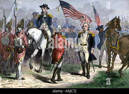 General Benjamin Lincoln empfangen von Cornwallis Schwert von britischen General Charles OHara in der Yorktown Kapitulation 1781. Hand - farbige Holzschnitt Stockfoto