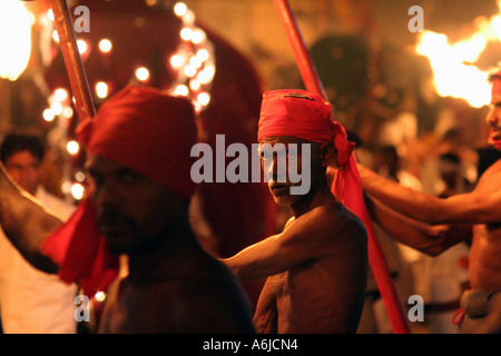 Fackelträger und ein Elefant in das große Kandy Esala Perahera Festival in Kandy, Sri Lanka Stockfoto