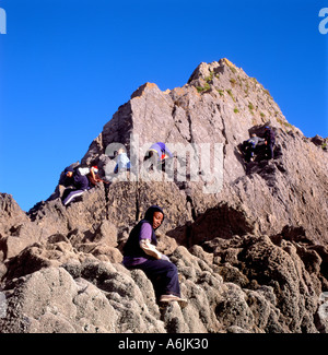 Schule Gruppe Kinder Klettern am Felsen bei Three Cliffs Bay in Swansea Wales UK KATHY DEWITT Stockfoto