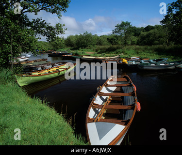 Hölzerne Fischerboote vertäut an der Wasserstraße in der Nähe von Ross Bay des Lough Leane in County Kerry, Irland Stockfoto