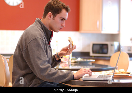 Junge britische Betriebswirt am Laptop auf der Suche nach Arbeit London UK und Toast zum Frühstück zu Essen von zu Hause aus arbeiten Stockfoto