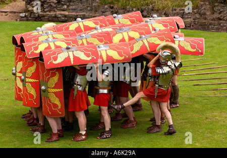 Ermine Street Guard demonstrieren die Schildkröte defensive Manöver im Display der Kampffähigkeiten im römischen Amphitheater Caerleon UK Stockfoto