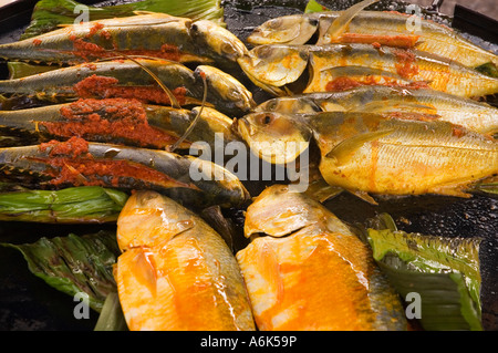 Fertig gekochtes Essen zum Verkauf an Bangsar Baru Sonntagsmarkt, Kuala Lumpur, Malaysia. 2006 Stockfoto