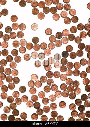Zusammensetzung der zufälligen Reihenfolge der 1-Cent-Münzen Stockfoto