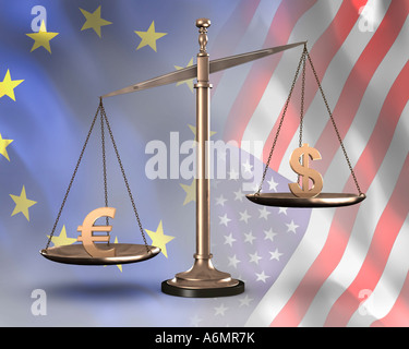 Voreingenommene Skalen mit US-Dollar und Euro-Symbole Stockfoto