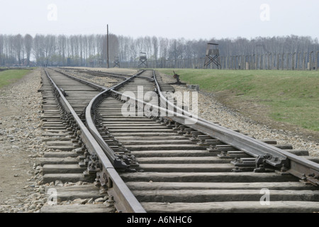 Eisenbahnlinien führen in den Auswahlbereich des Konzentrationslagers Auschwitz Birkenau Oswiecim Polen Stockfoto