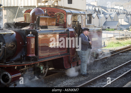 Durch die neu restaurierte Merddin Emrys Dampfmaschine auf die wieder Railwayat Blaenau Ffestiniog, Nordwales Stockfoto