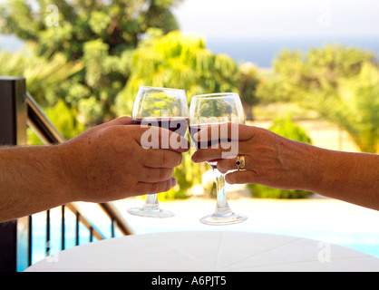 EIN TOAST MIT ROTWEIN IN EIN HÜBSCHES ZYPERN-EINSTELLUNG Stockfoto