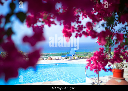 EINEN POOL-TISCH SETZEN MIT FLASCHE ROTWEIN UND GLÄSER FÜR ZWEI Stockfoto