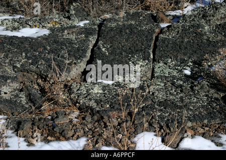 Vulkanische Rockforms im Winter, El Malpais National Monument, New Mexico, USA Stockfoto