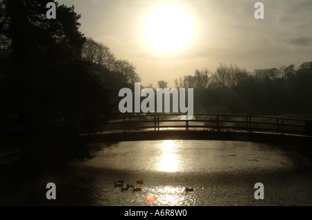 Hölzerne Brücke über den River Coln in Bibury, Gloucestershire, England. Stockfoto