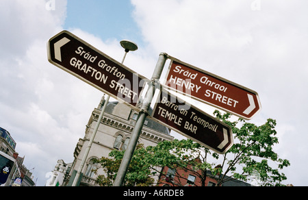 Ein Wegweiser in Dublin auf den zwei wichtigeren Einkaufszonen und der Temple Bar Kultur- und Vergnügungsviertel Stockfoto