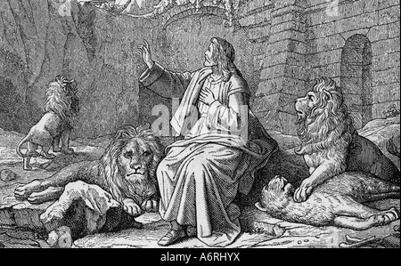 Daniel, jüdischen Propheten, 6. Jahrhundert v. Chr. in der Lionsœ-Höhle, Gravur, 19. Jahrhundert, Löwen, babylonischen Gefangenschaft, Religion, bibli Stockfoto