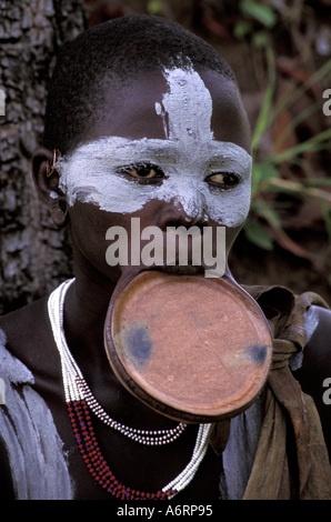 Afrika, Äthiopien, Murle Region, Surma Stamm, Mundlochplatte Stockfoto