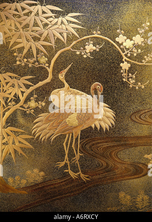 Bildende Kunst, Japan, Lack arbeiten, gold Lack und Goldstaub, Krane am Fluss, Abdeckung von ein Fass, Detail, 19. Jahrhundert, asiatisch, h Stockfoto