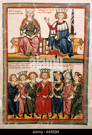 Bildende Kunst, Mittelalter, Gothic, Beleuchtung, Codex Manesse, Zürich, 1305-1340, Klingsor von Ungarland, mit Farbe auf Vel Stockfoto