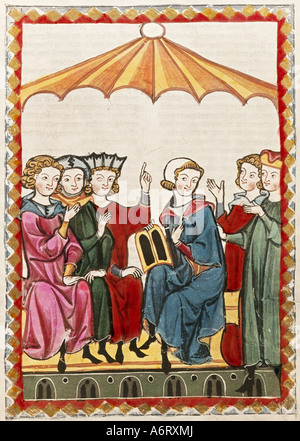 Bildende Kunst, Mittelalter, Gothic, Beleuchtung, Codex Manesse, Zürich, 1305-1340, Gottfried von Strassburg (+ ca. 1215), Abdeckung Stockfoto
