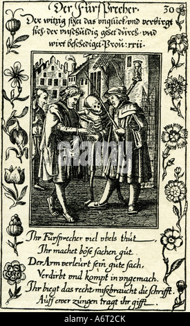 Tod, danse macabre, "Der Fürsprecher", Gravur von E. Kiefer, ca. 1600, Stockfoto