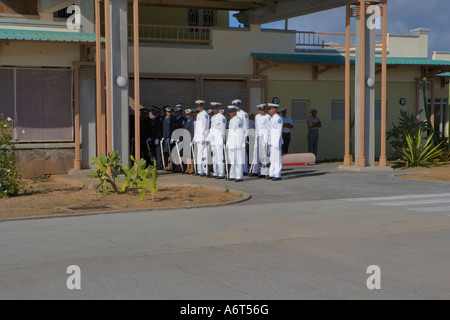 Bei der Ankunft am "Plaine Corail Airport' in 'Rodrigues' [dieser Ehrengarde war für einen Besuch MP aus Mauritius montiert] Stockfoto
