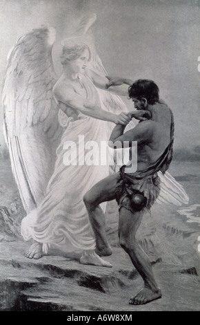 Illustration der Bibelgeschichte Jacob Wrestling with the Engel ' Lass mich gehen für den Tag, an dem es bricht' und er sagte: ' Er wird ihn nicht gehen lassen, es sei denn, du segne mich' Stockfoto
