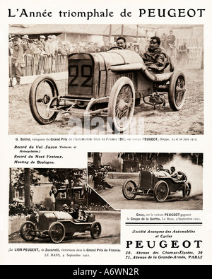 Peugeot Racing Jahr 1912 mit Boillot gewann den französischen Grand Prix in Dieppe Zucarelli und Goux in Le Mans Stockfoto