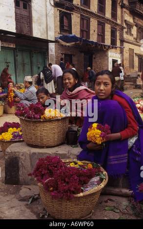 Asien, Nepal, Kathmandu-Tal, Bhaktapur. Hindu Mädchen verkaufen Ringelblumen, Tihar Dipawali Festival. Stockfoto