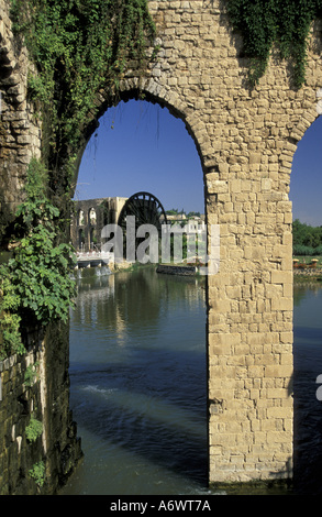 Syrien, Hama, Stadt am Fluss Orontes, berühmt für seine hölzerne Wasserräder. Stockfoto