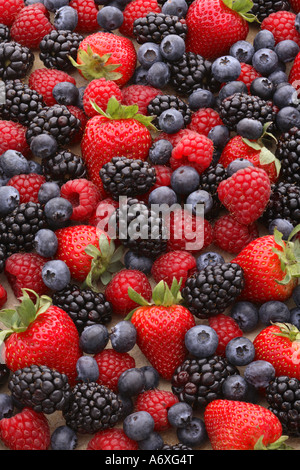 Hintergrund der Erdbeeren Heidelbeeren Himbeeren und Brombeeren Stockfoto