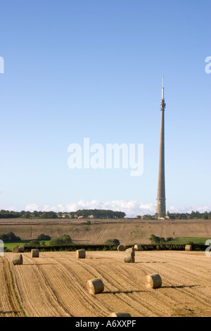 Blick auf Fernsehturm Emley Moor über Felder mit Heu Ballen späten Nachmittagssonne Stockfoto